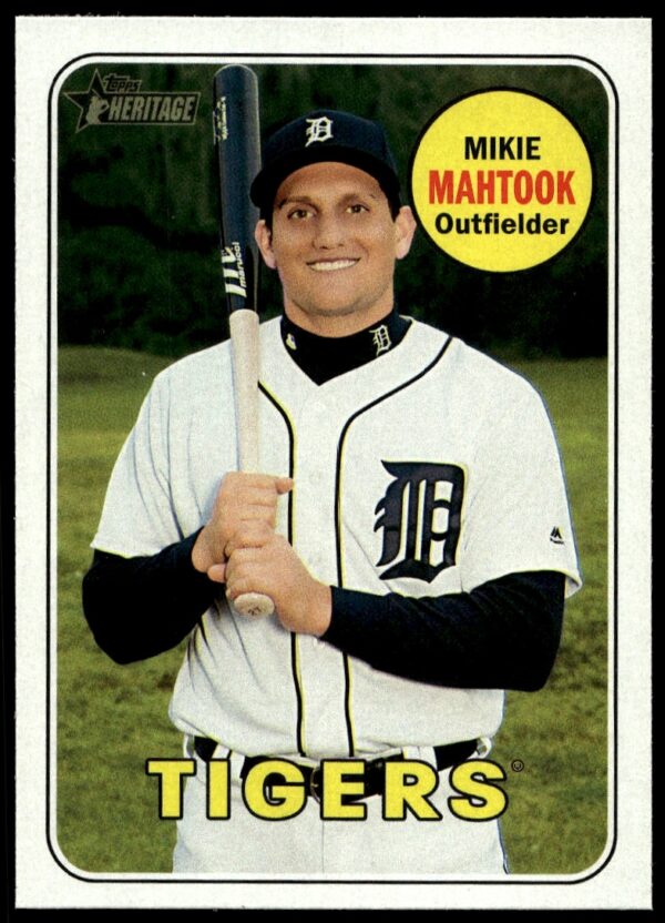 Mikie Mahtook 2018 Topps Heritage Baseball Card #68 in Detroit Tigers Uniform.