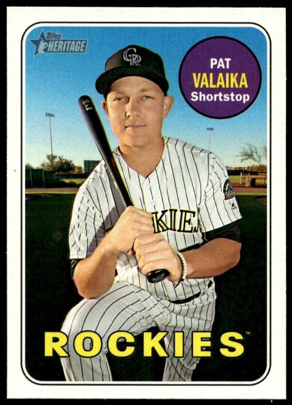 Pat Valaika 2018 Topps Heritage card #353 in Rockies uniform, 1969 design.