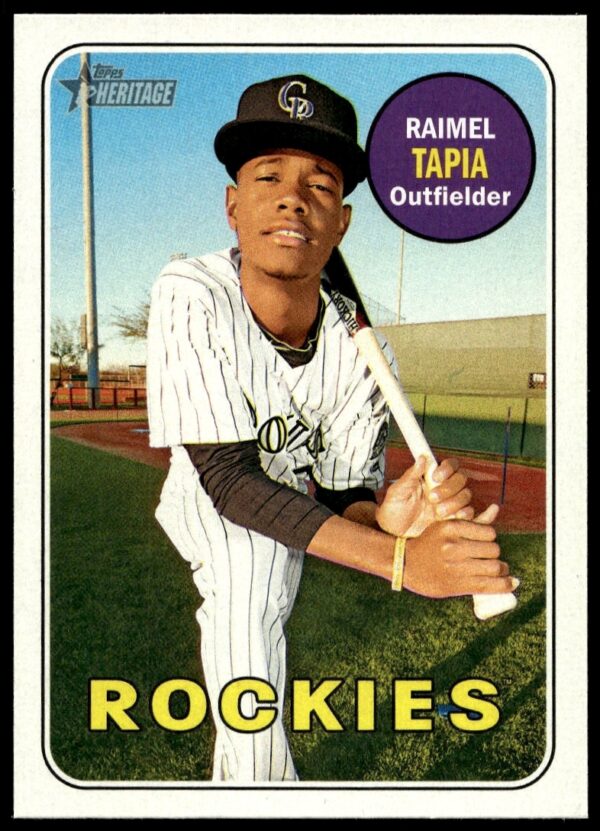 2018 Topps Heritage Raimel Tapia baseball card #483 front, Colorado Rockies vintage design.