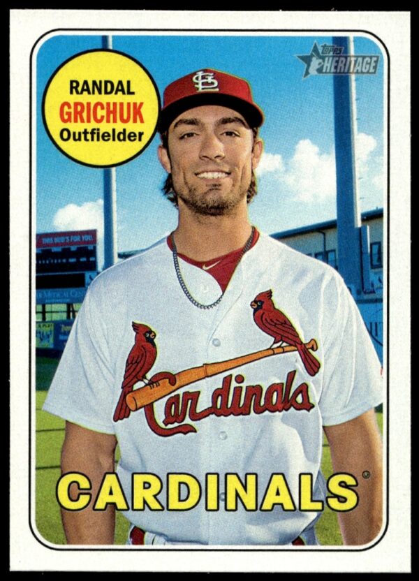 Randal Grichuks 2018 Topps Heritage card shows him poised to bat in a vintage design.