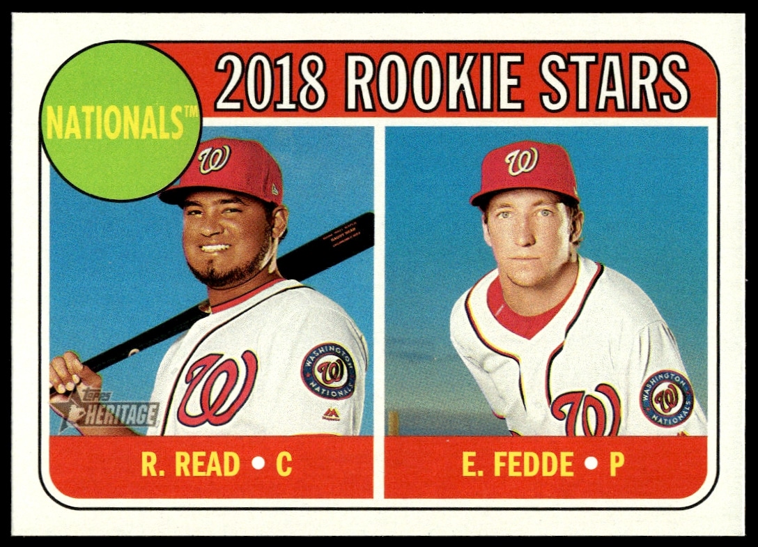 2018 Topps Heritage Card #135 featuring Raudy Read and Erick Fedde in Nationals uniforms.
