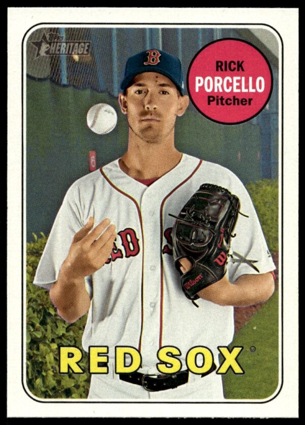 2018 Topps Heritage Rick Porcello card #133 showcasing pitcher in classic Boston Red Sox wind-up.