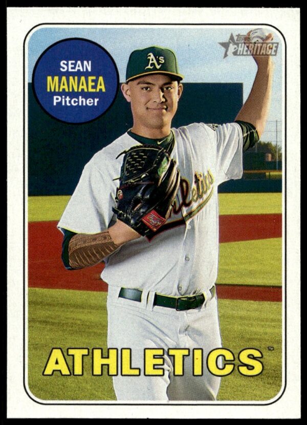 Sean Manaea pitching on 2018 Topps Heritage card #23, Oakland Athletics vintage-style uniform.