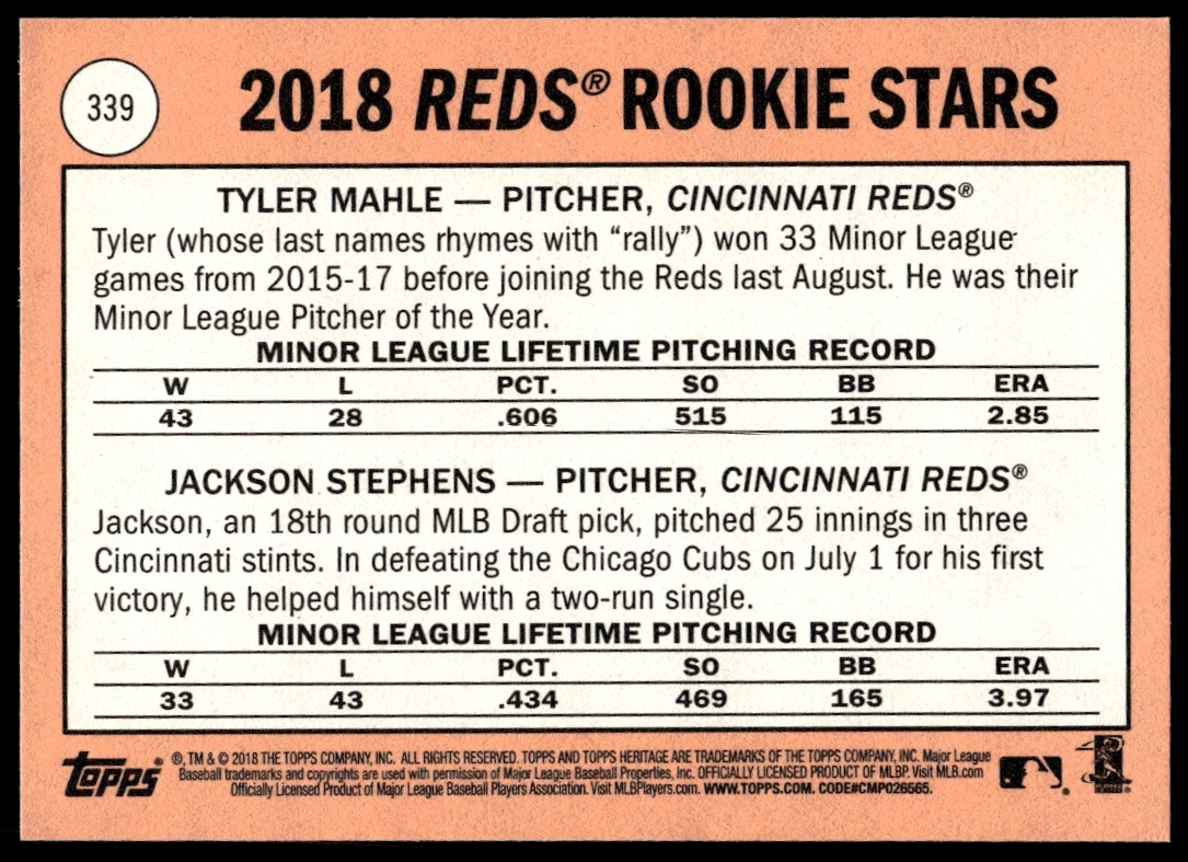 Back of 2018 Topps Heritage card featuring Tyler Mahle and Jackson Stephens with stats and bio.