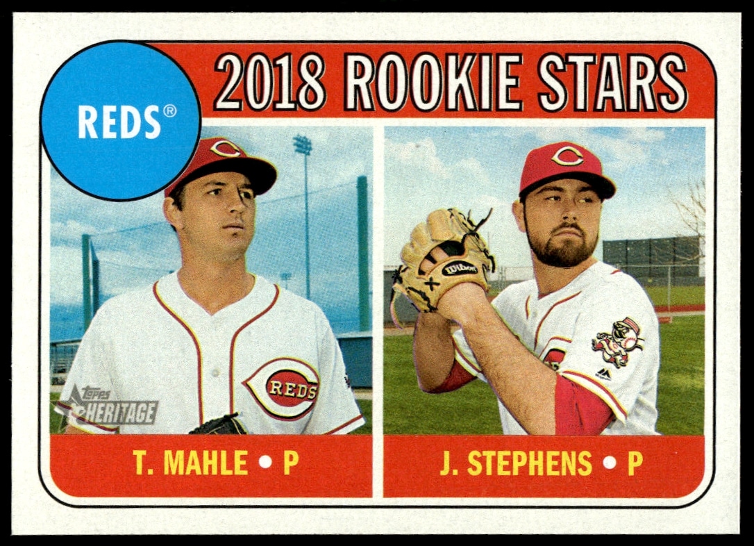 2018 Topps Heritage card: Tyler Mahle and Jackson Stephens #339 (Front) in Reds uniforms.