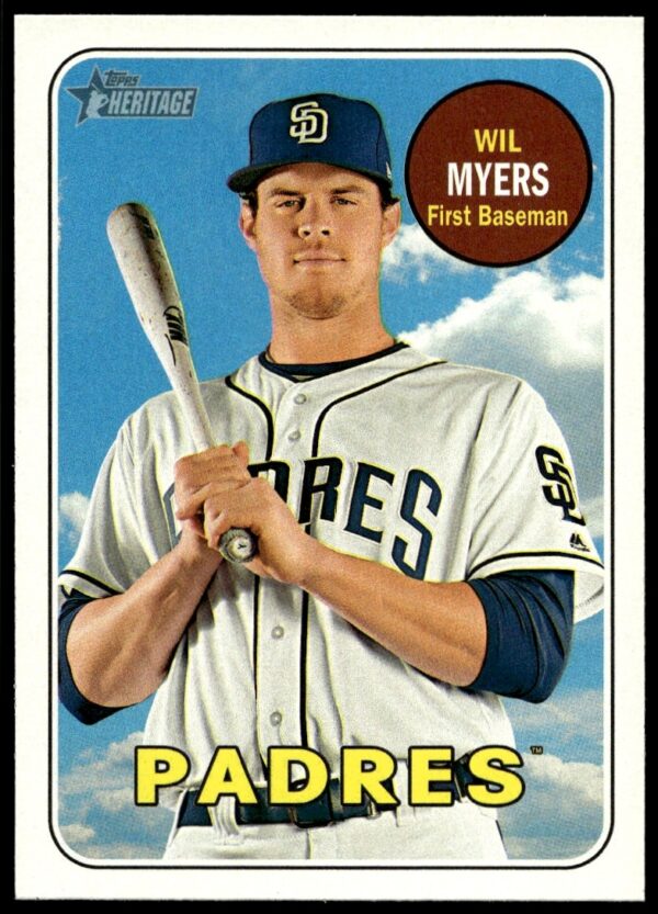 Wil Myers 2018 Topps Heritage Baseball Card #387, San Diego Padres vintage design.
