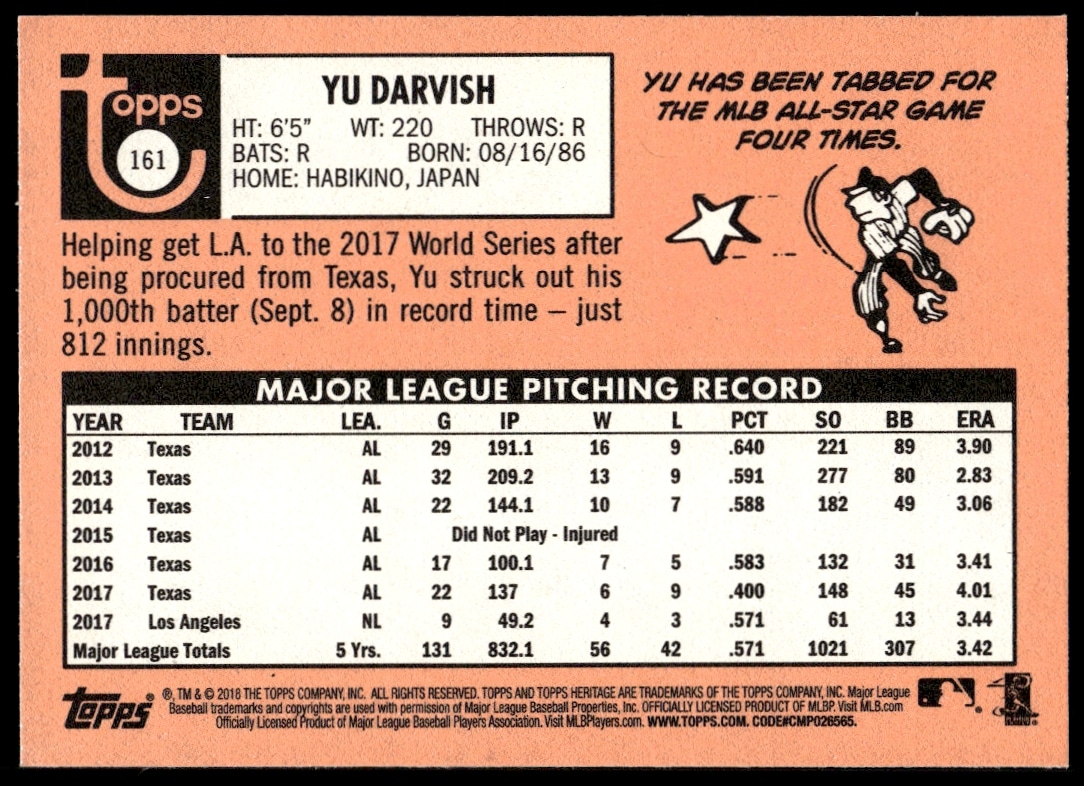 Back of Yu Darvish 2018 Topps Heritage card, showcasing stats and career highlights.