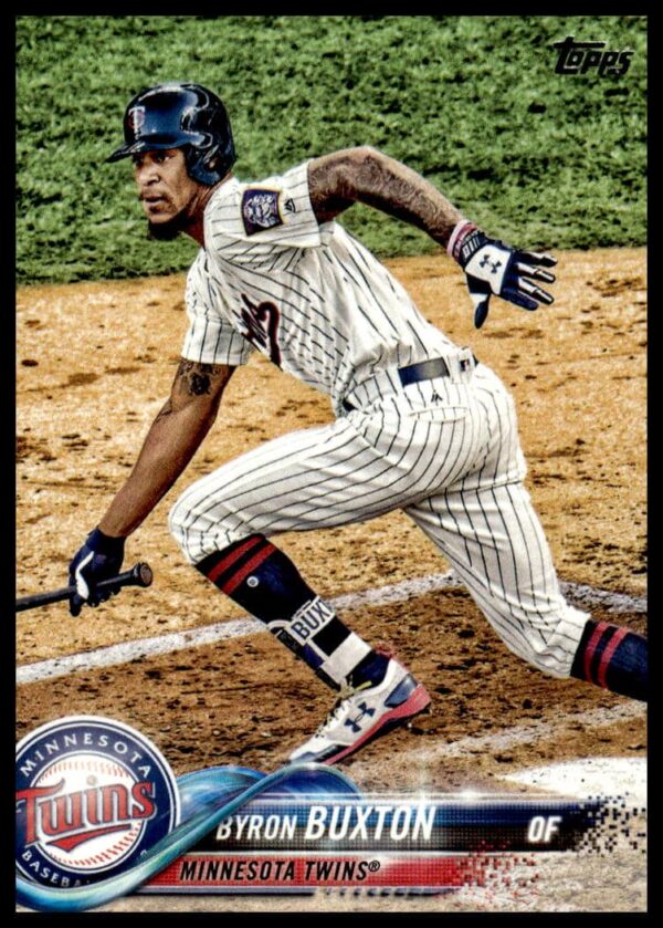 Byron Buxton 2018 Topps baseball card #127 showing him in Minnesota Twins uniform.