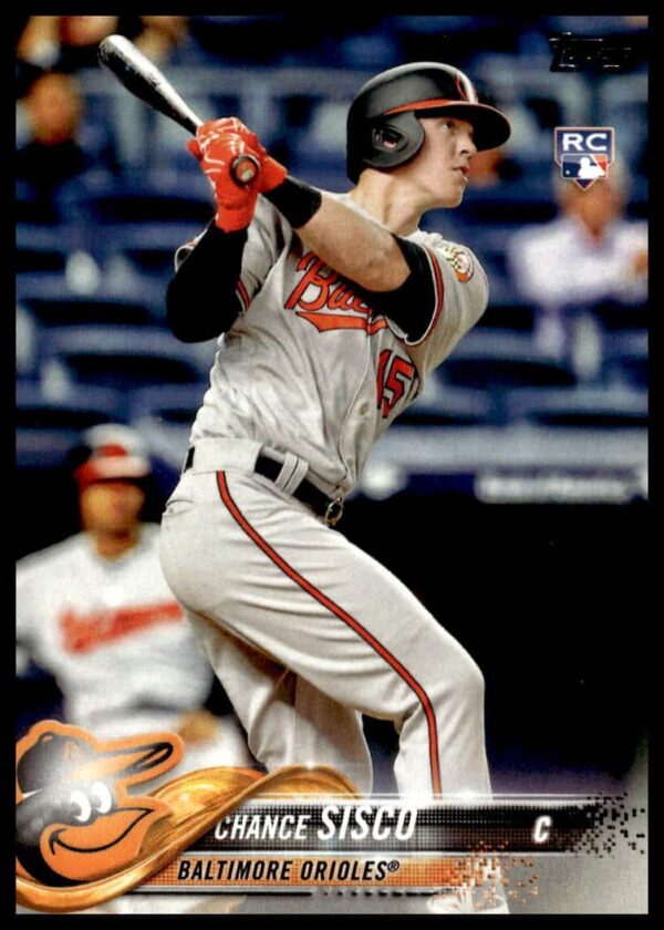 Chance Sisco 2018 Topps baseball card #185 featuring Orioles catcher in action.