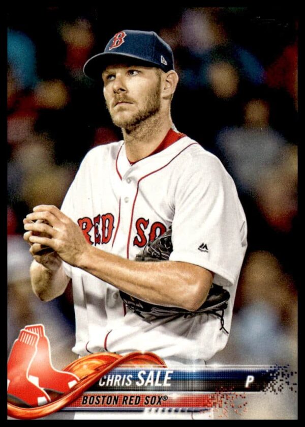 Front view of 2018 Topps Chris Sale baseball card, featuring Red Sox pitcher mid-pitch.
