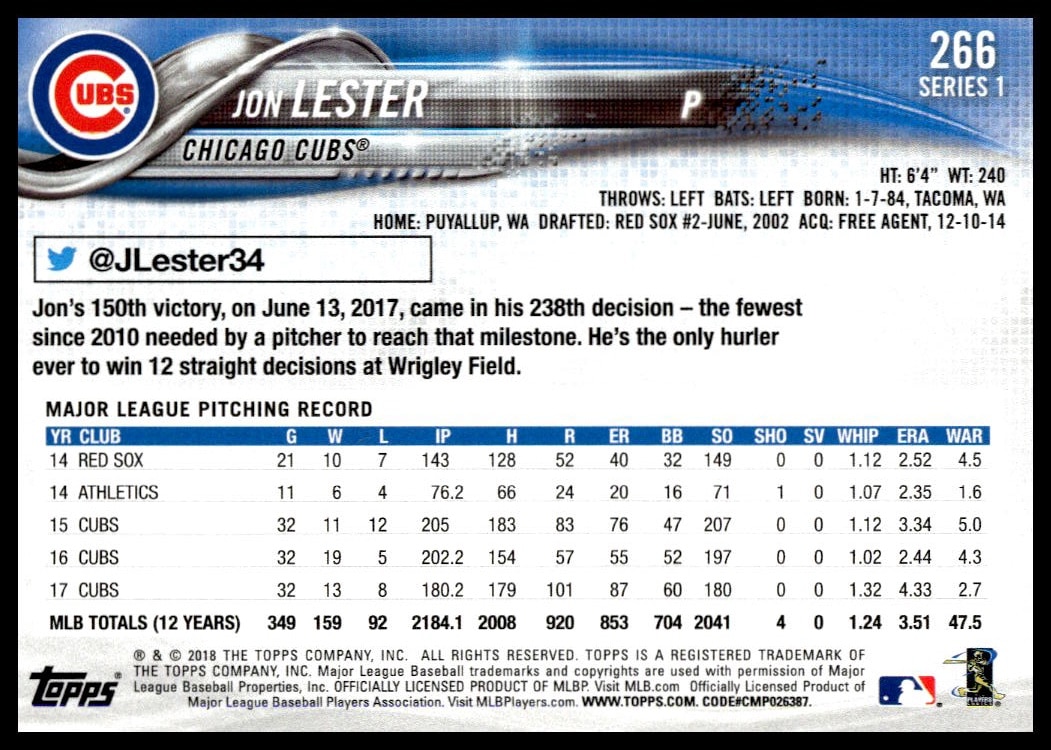 Back of 2018 Topps Series 1 Jon Lester card with stats, bio, and team logo.