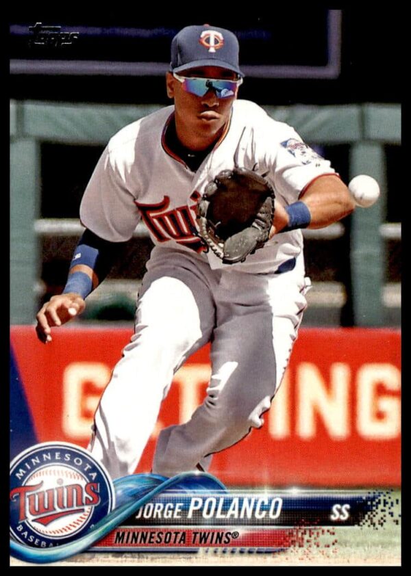 Jorge Polanco 2018 Topps Series 1 card, Minnesota Twins, #107, mid-action shot.