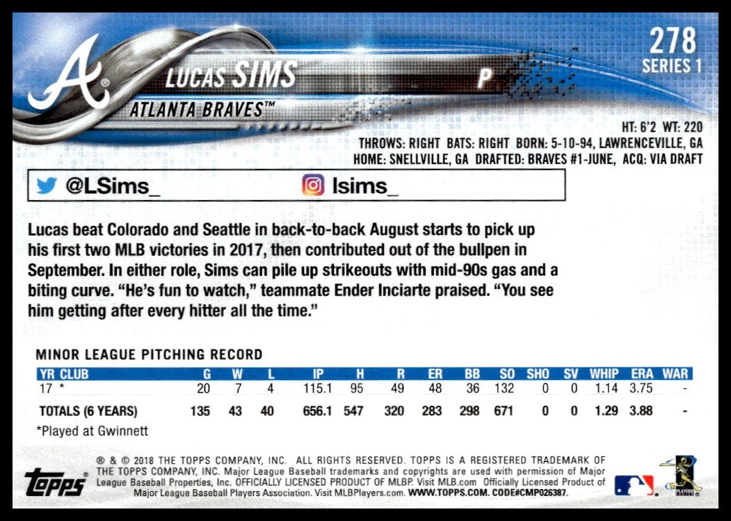 Back of 2018 Topps Series 1 Lucas Sims card, featuring career stats and highlights.