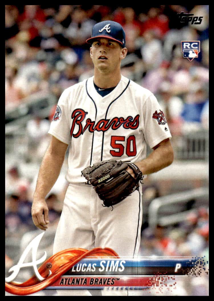 Lucas Sims pitching, Atlanta Braves, 2018 Topps Series 1 Card #278, dynamic action shot.