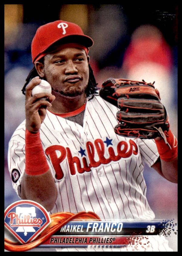 Maikel Franco 2018 Topps card, Phillies mid-swing, #197, baseball collectible.