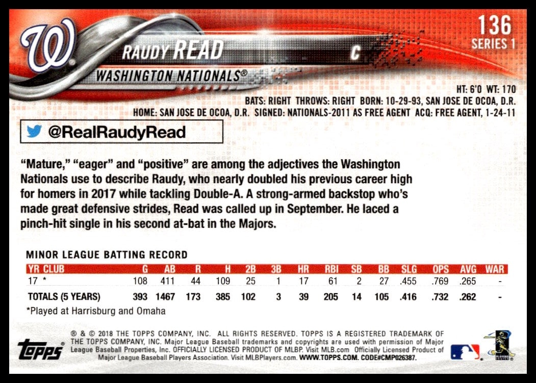 Back of Raudy Reads 2018 Topps baseball card, featuring stats and player biography.
