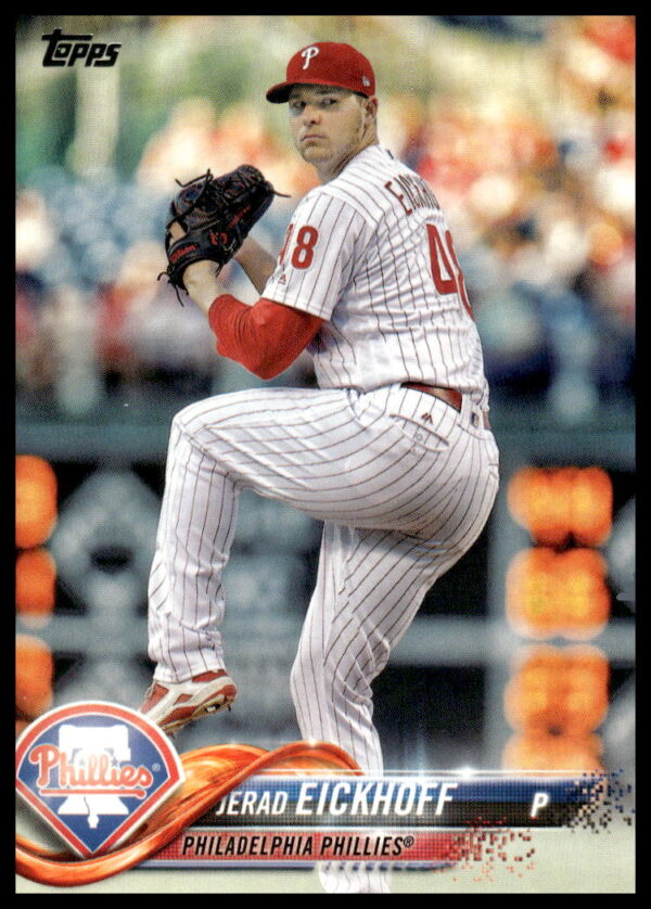 Jerad Eickhoff pitching, featured on 2018 Topps Series 2 Phillies baseball card #621 front.