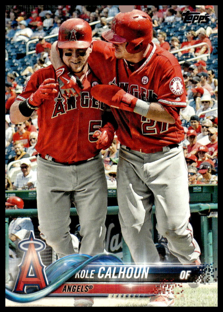 2018 Topps Kole Calhoun #381 Baseball Card Front, Los Angeles Angels Outfielder Mid-Swing.