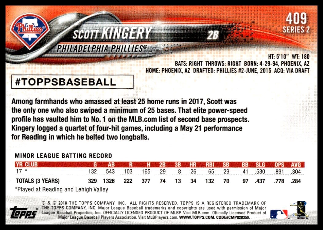 Back of 2018 Topps Series 2 Scott Kingery card, featuring stats and biography.
