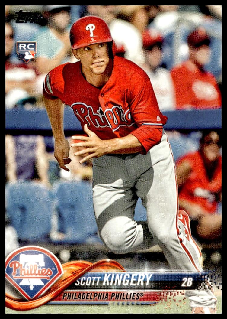 Scott Kingery 2018 Topps Series 2 Baseball Card #409 Front Image, Phillies Player Action Shot.