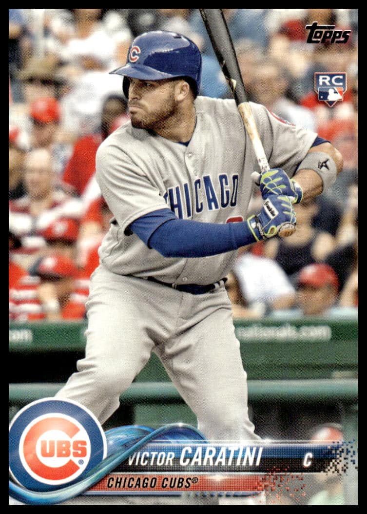 Victor Caratini 2018 Topps Baseball Card #422, Chicago Cubs catcher in action.