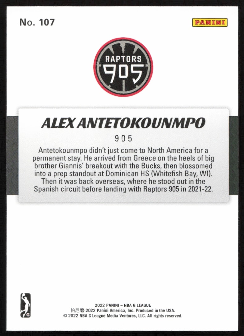 Back of 2021-22 Panini NBA G League card featuring Alex Antetokounmpos stats and biography.