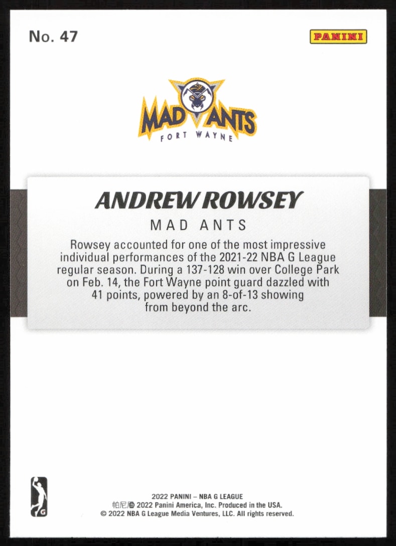 Andrew Rowsey 2021-22 Panini NBA G League Card Back #47, featuring career highlights.