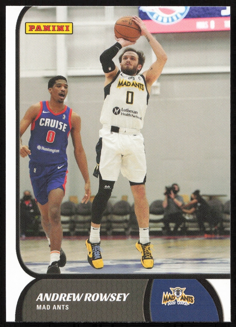 Front view of 2021-22 Panini NBA G League card featuring Andrew Rowsey, card #47.