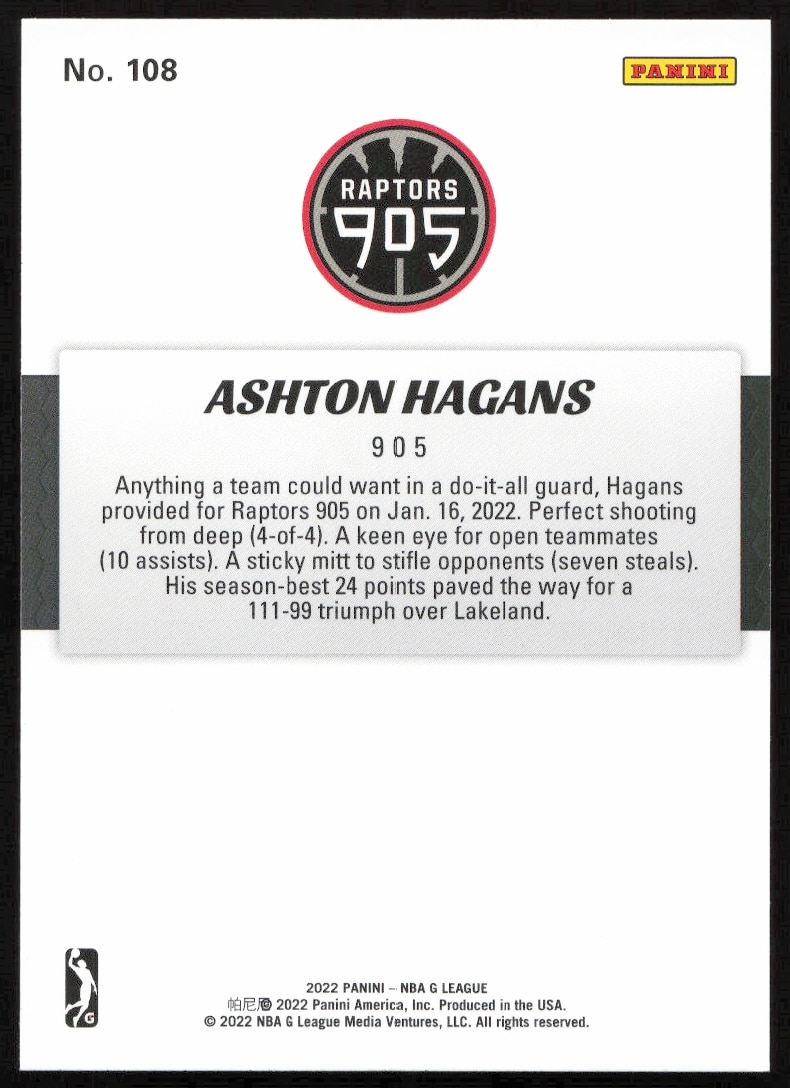 2021-22 Panini G League Ashton Hagans card back showcasing stats and career highlights.