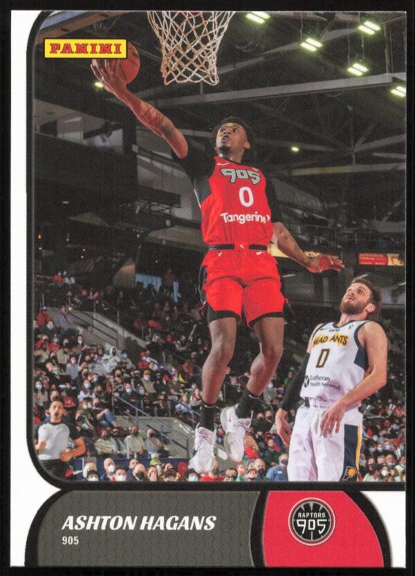 Front of 2021-22 Panini NBA G League card featuring Ashton Hagans in action, card #108.