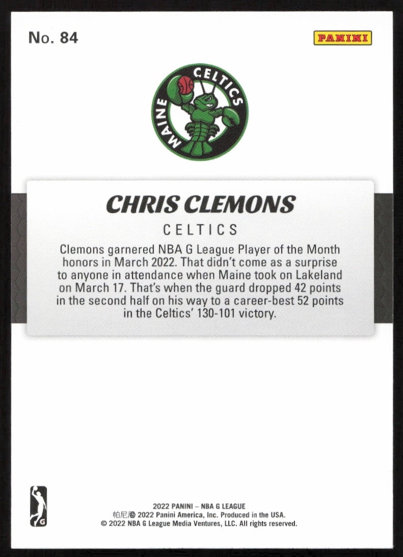 Chris Clemons 2021-22 Panini NBA G League Card Back with stats and biography.