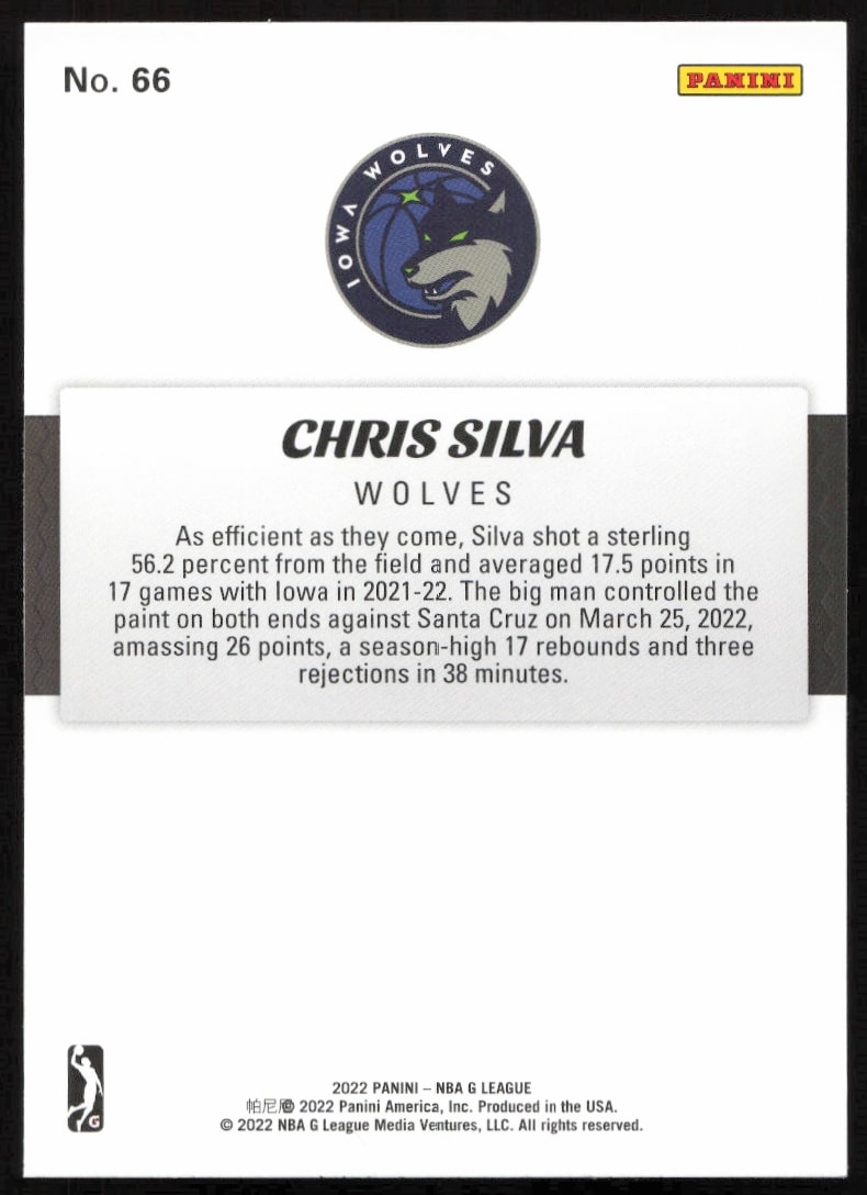 Back of Chris Silvas 2021-22 Panini NBA G League card, featuring stats and biography.
