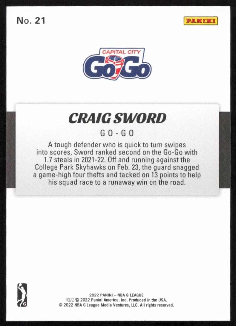 Craig Sword 2021-22 Panini NBA G League card back with stats and bio.