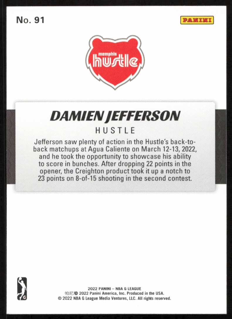 Back view of 2021-22 Panini NBA G League Damien Jefferson trading card, showcasing stats and biography.