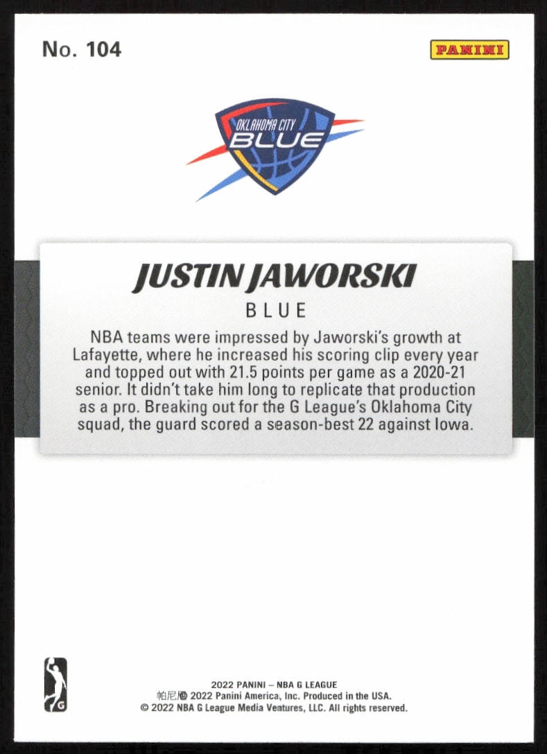 Back of 2022 NBA G League card featuring Justin Jaworskis stats and career highlights.