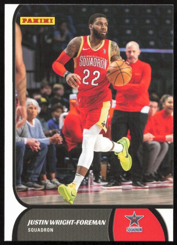 2021-22 Panini G League trading card featuring Justin Wright-Foreman in basketball action, card #17.