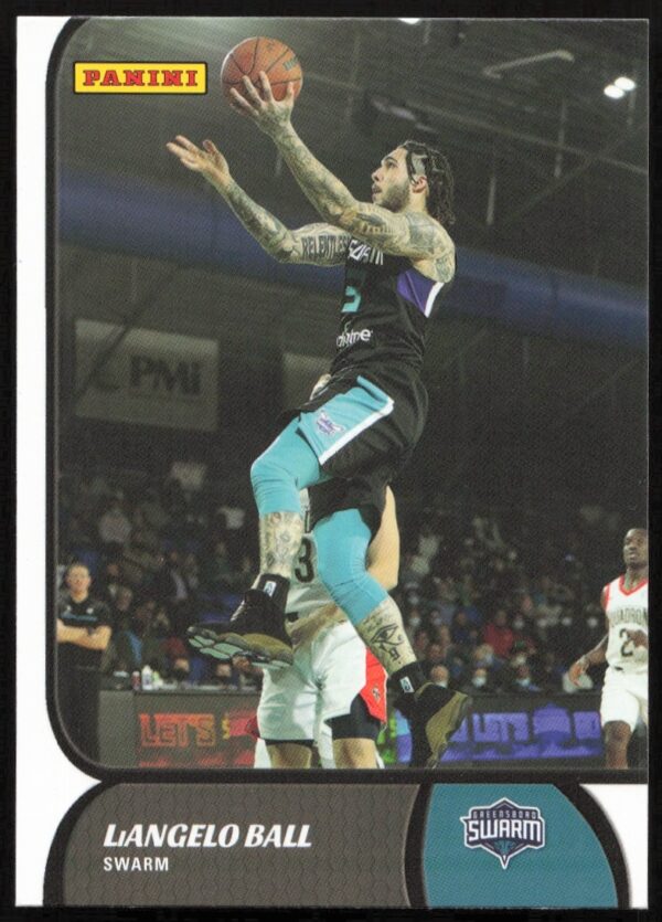 LiAngelo Ball 2021-22 Panini G League card, teal jersey, action pose, card #64.