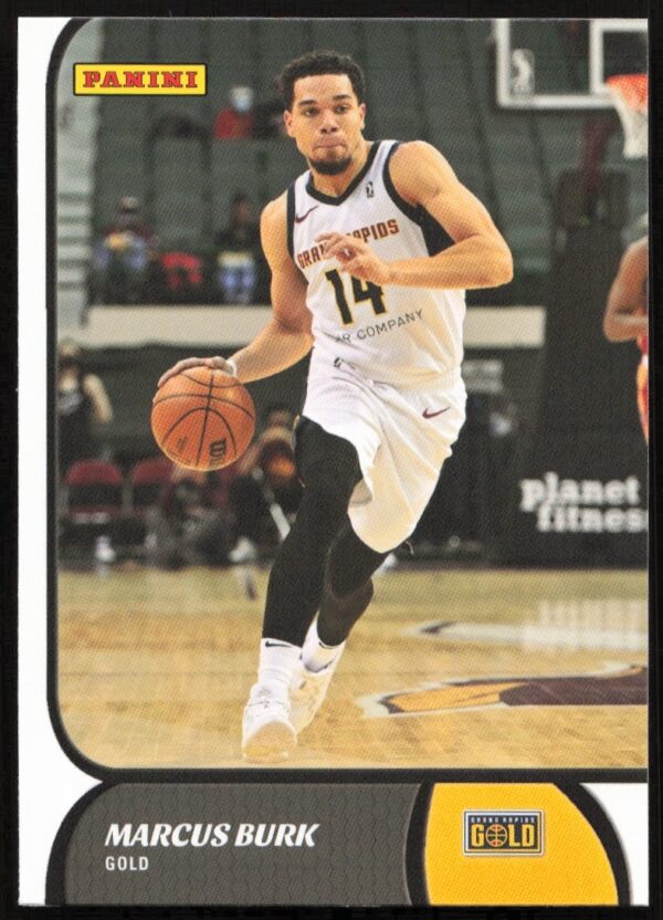 Front view of 2021-22 Panini NBA G League card featuring Marcus Burk, card #55.
