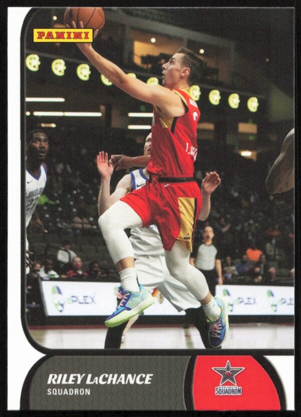 Front of 2021-22 Riley LaChance NBA G League trading card, #19, featuring player image and stats.