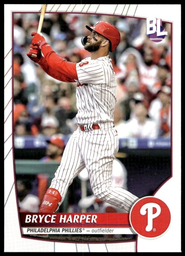 Bryce Harper 2023 Topps Big League Baseball Card #3 in Action Mid-Swing.