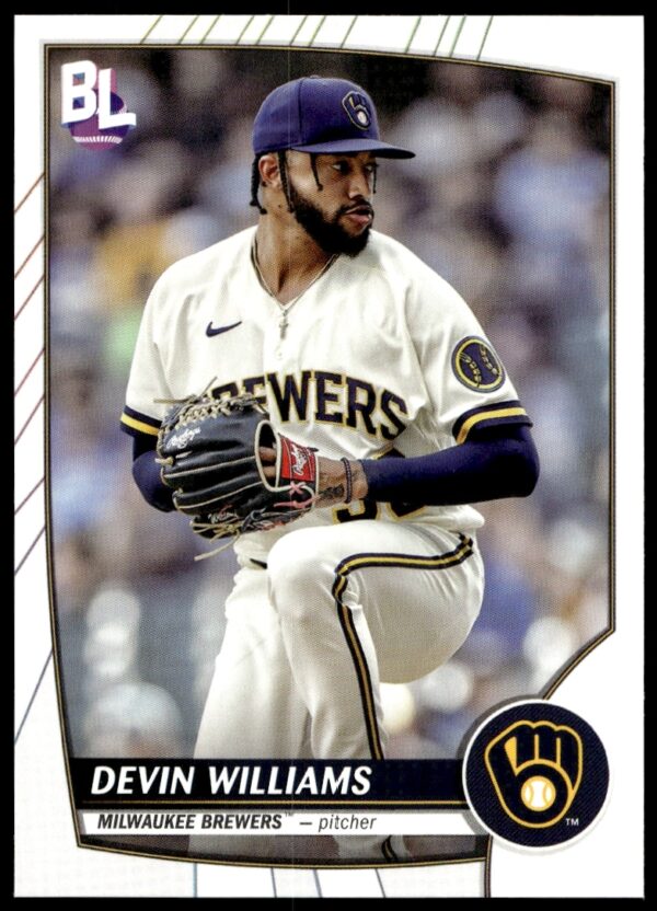 Devin Williams Topps Big League 2023 baseball card front, showcasing pitching action.