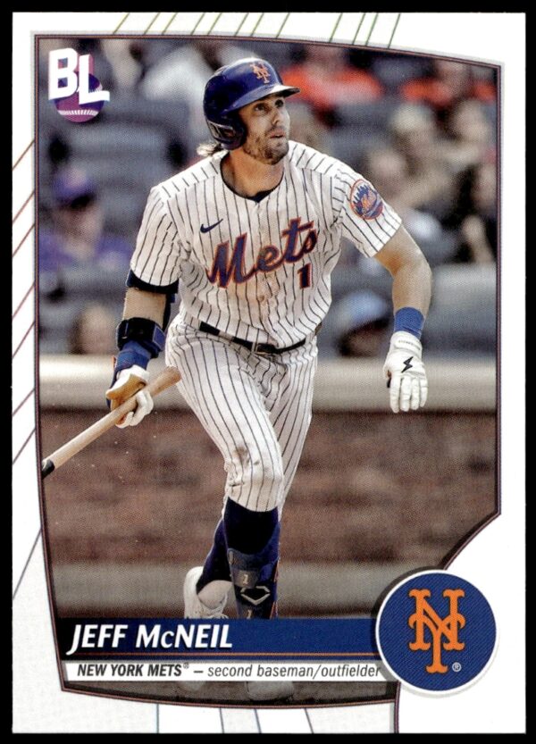 Jeff McNeil 2023 Topps Big League card #145, featuring a dynamic mid-play action pose.