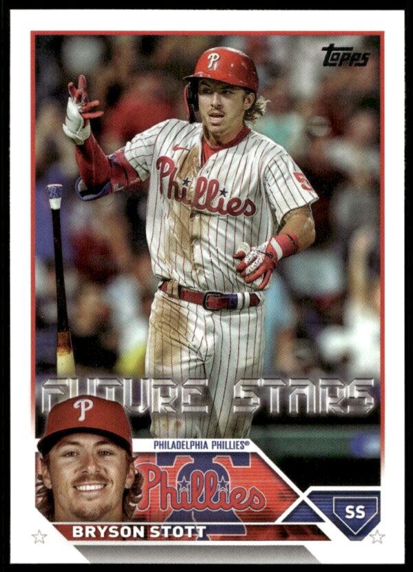 Bryson Stott 2023 Topps Series 1 trading card #295 showcasing dynamic baseball action.