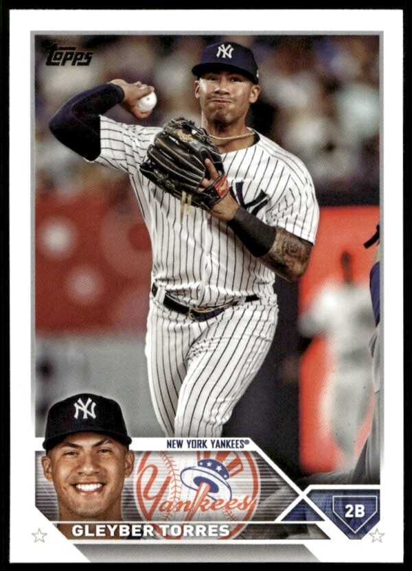 Front of 2023 Topps Series 1 Card #299 featuring Gleyber Torres in action.