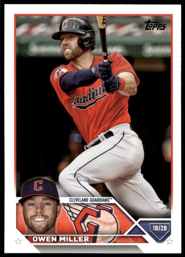 Owen Miller 2023 Topps Baseball Card #213, showcasing action pose and team uniform.