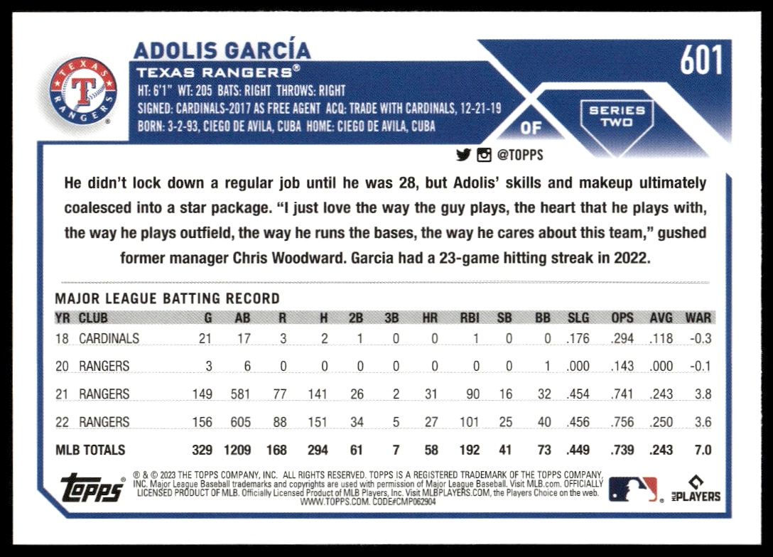 Adolis Garcia 2023 Topps Series 2 card back showcasing stats and achievements.