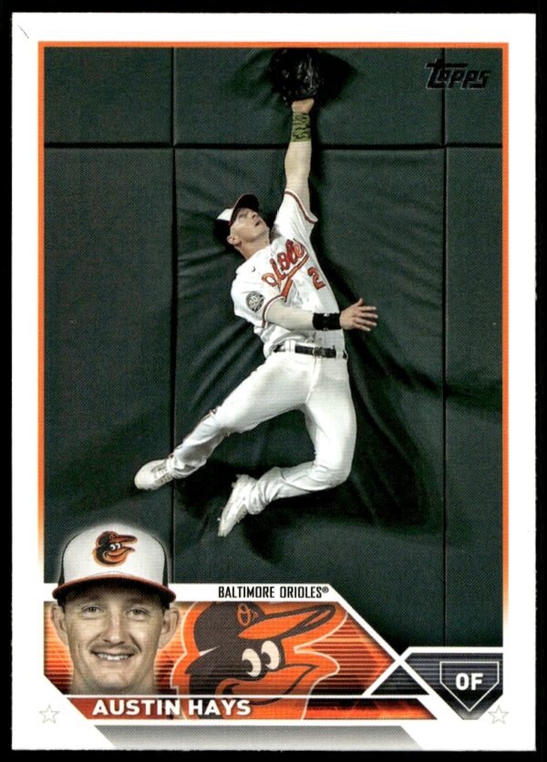 Austin Hays baseball card, 2023 Topps Series 2 #546, featuring action pose in Orioles uniform.