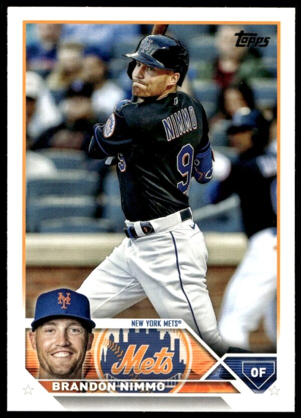 Brandon Nimmo 2023 Topps card front: Mets outfielder swinging bat, card #614.