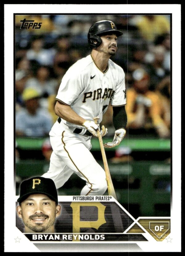 Topps Series 2 Bryan Reynolds baseball card 2023, featuring Pirates player in action.
