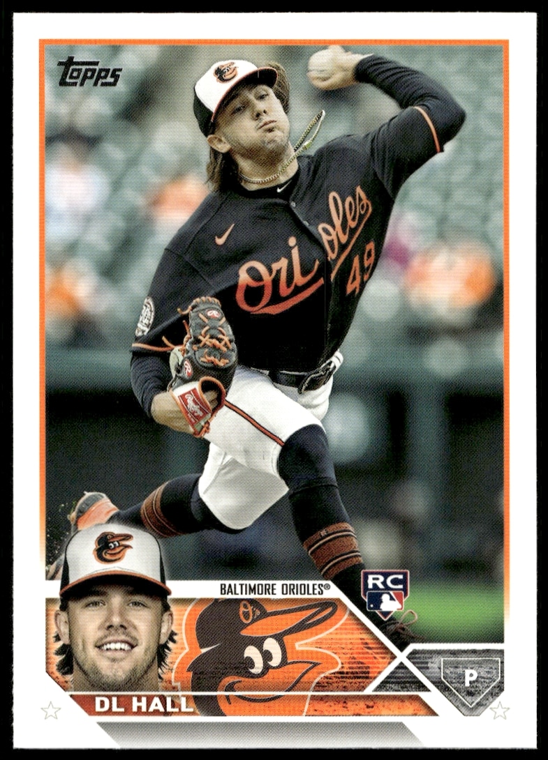 DL Hall pitching in Orioles uniform on 2023 Topps Series 2 baseball card front.